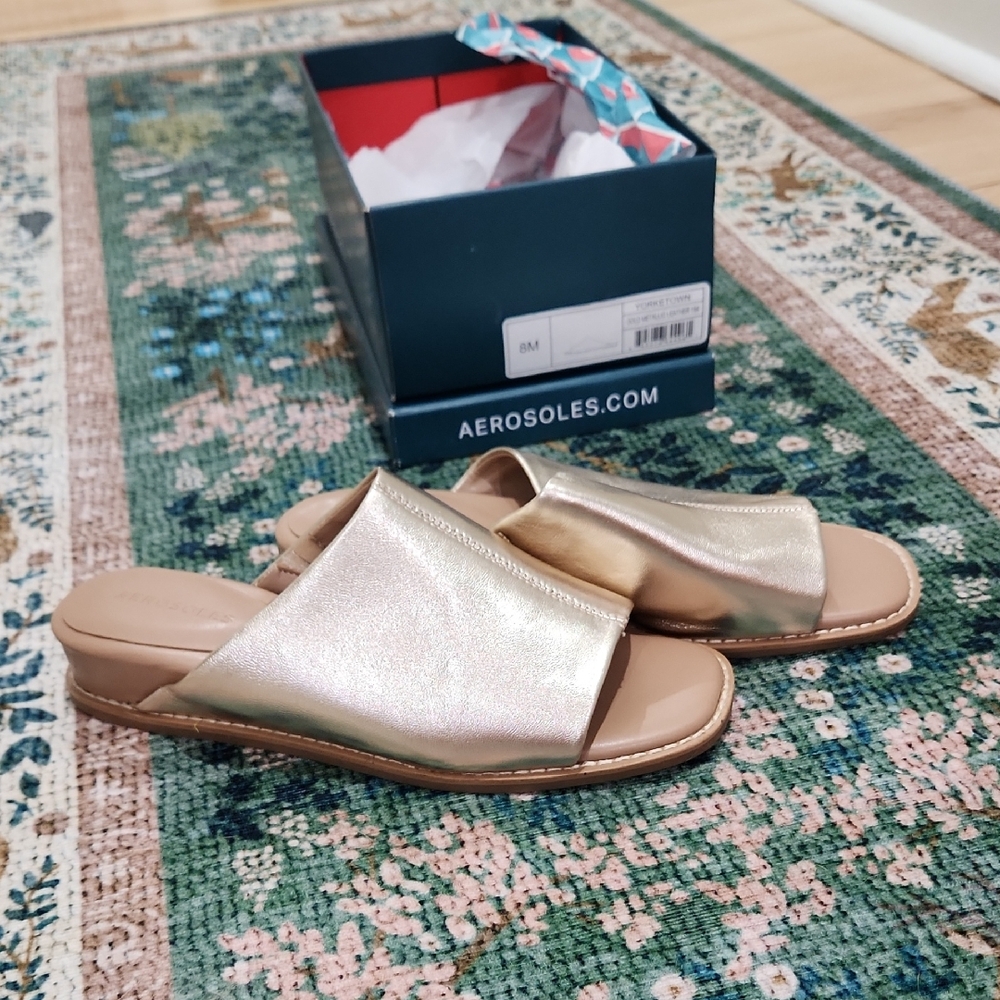 AEROSOLES Gold Metallic Leather Mules